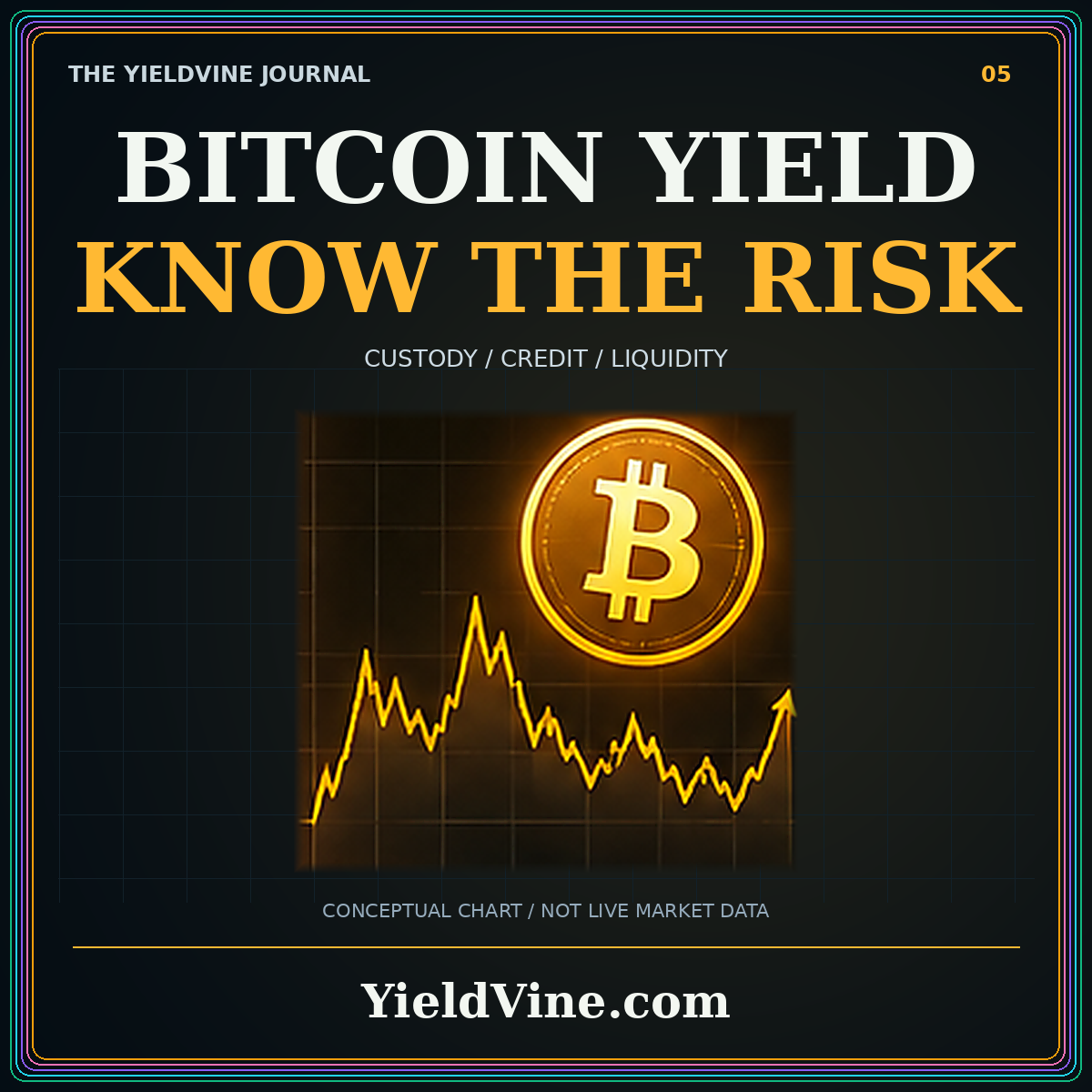 Bitcoin yield, know the risk: amber typography and a conceptual bitcoin price chart